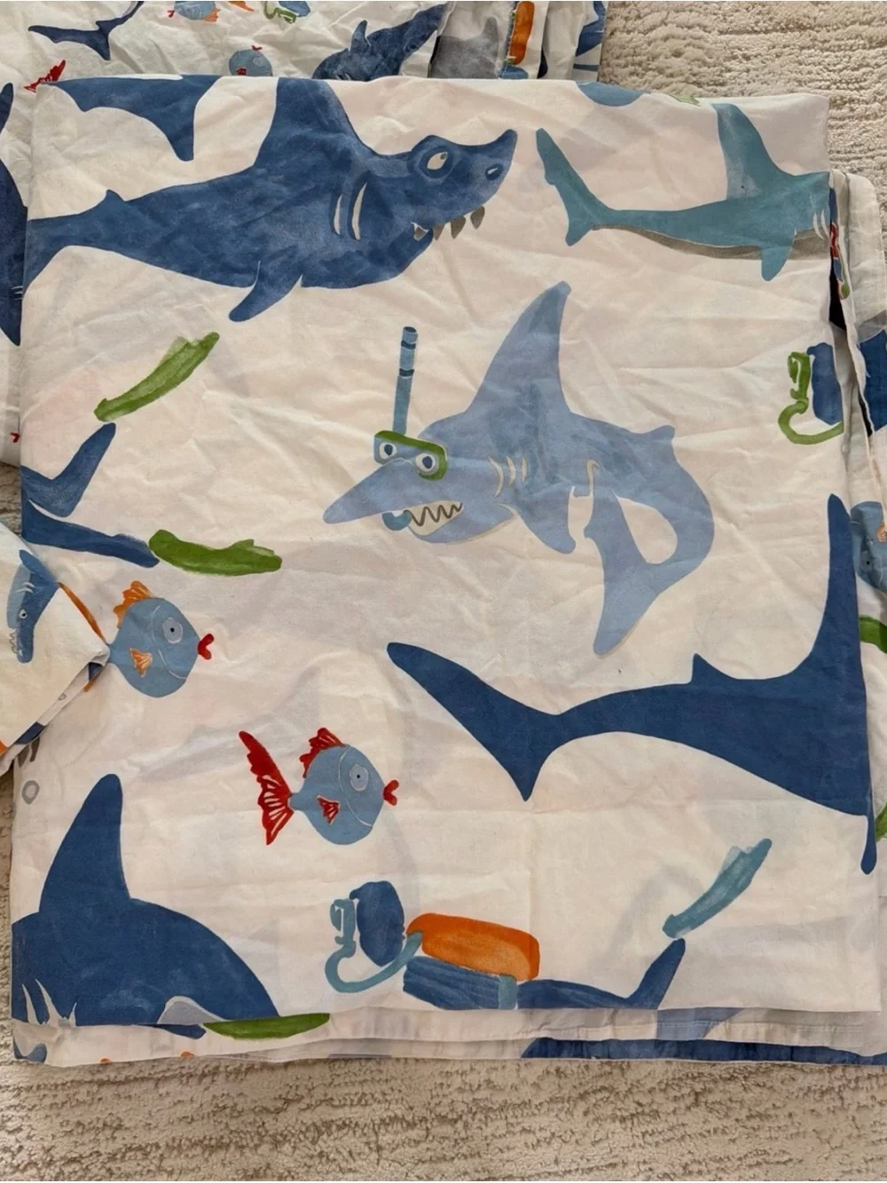Pottery Barn TWIN Kids Ocean Shark DUVET FLAT SHEET AND PILLOWCASE